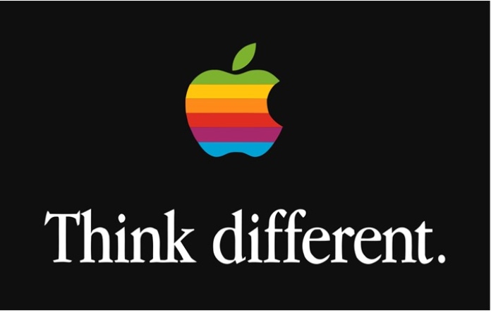 100 anuncios publicitarios con eslogan: Mejores slogans. Apple: Piensa diferente. 