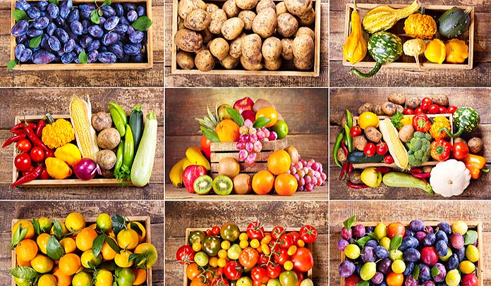 Varias cajas con frutas y verduras