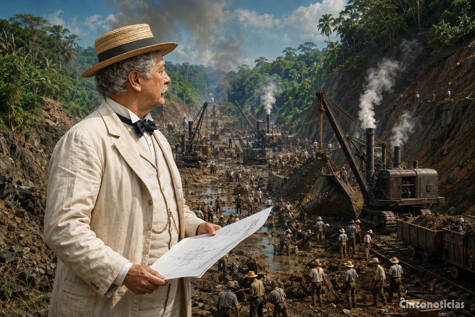 Ilustración sobre Ferdinand de Lesseps inspeccionando las obras francesas del Canal de Panamá