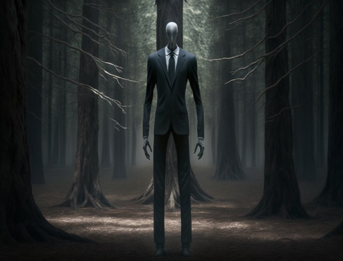 Slenderman: Un hombre alto, con extremidades alargadas, traje y rostro sin facciones.