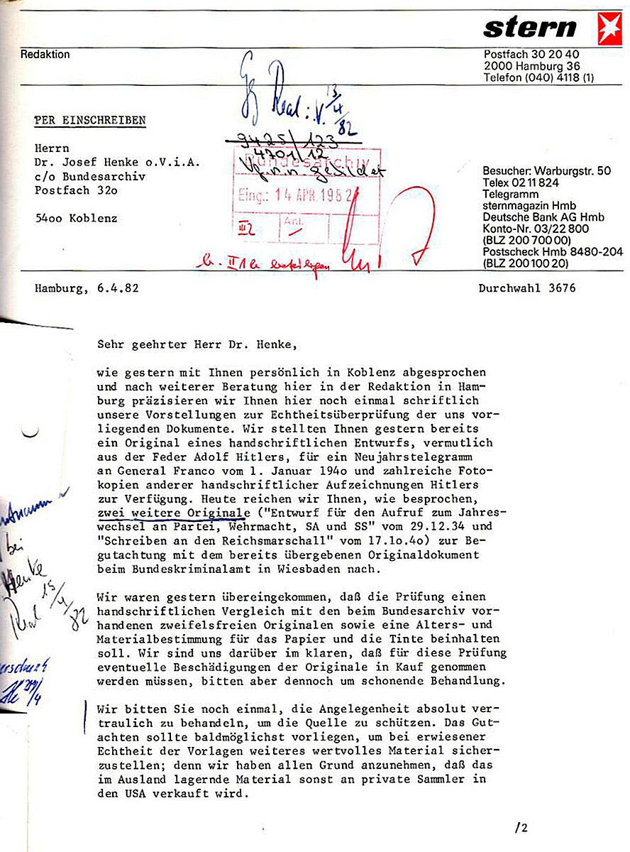 Carta de la revista "Stern" solicitando que se verificara la autenticidad de los documentos