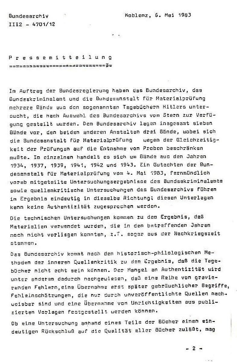 Comunicado de prensa sobre la veracidad de los Diarios de Hitler.