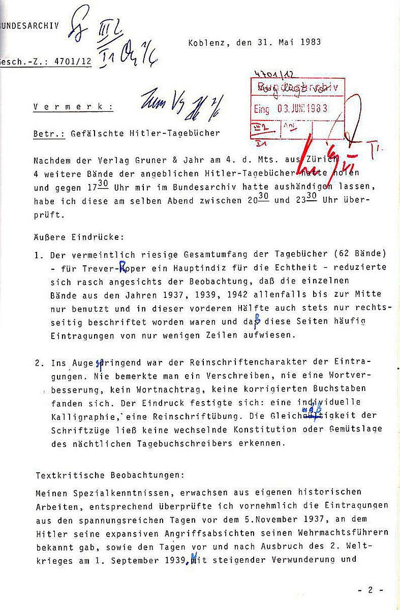 Memorando del Bundesarchiv que recoge un examen preliminar de otros cuatro supuestos diarios de Hitler.