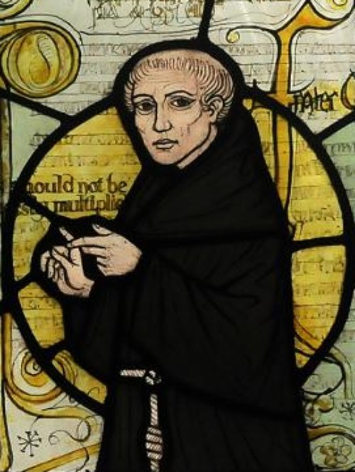 Filósofo cristianos. Guillermo de Ockham. Vitral en una iglesia de Surrey.