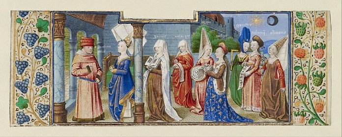 Filósofos italianos. Filosofía presetando las siete artes liberales a Boecio. Autor: Henri de Vulcop. Entre 1460-1470.
