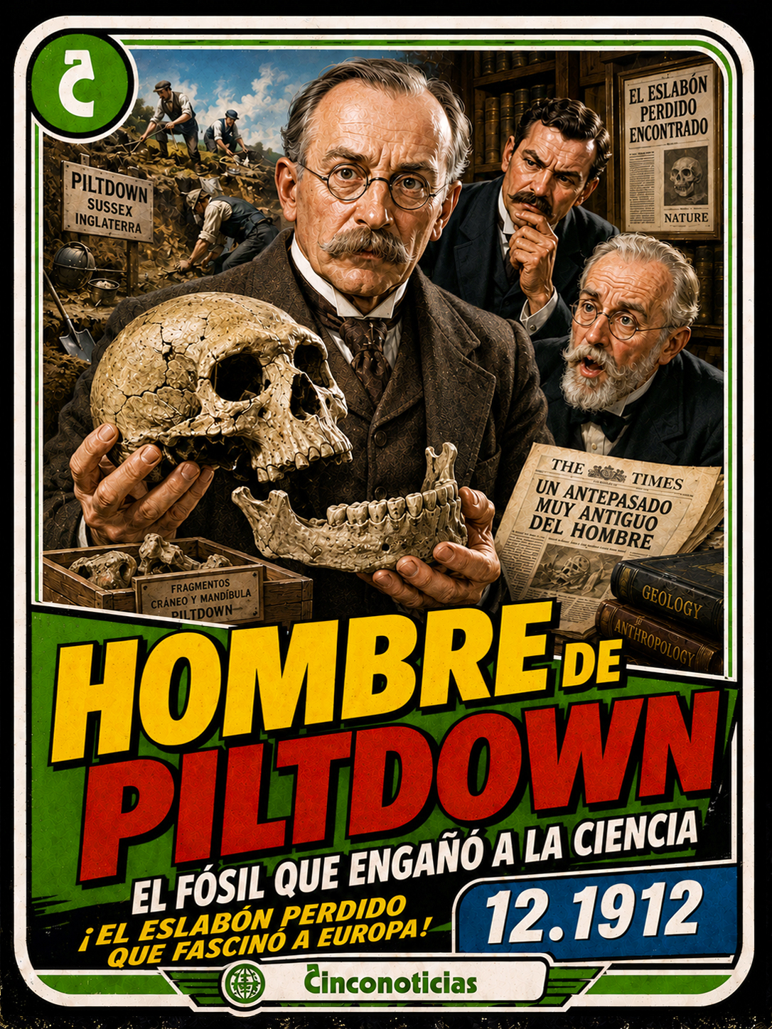 Tarjeta coleccionable Cinco Noticias "Hombre de Piltdown" de 1912