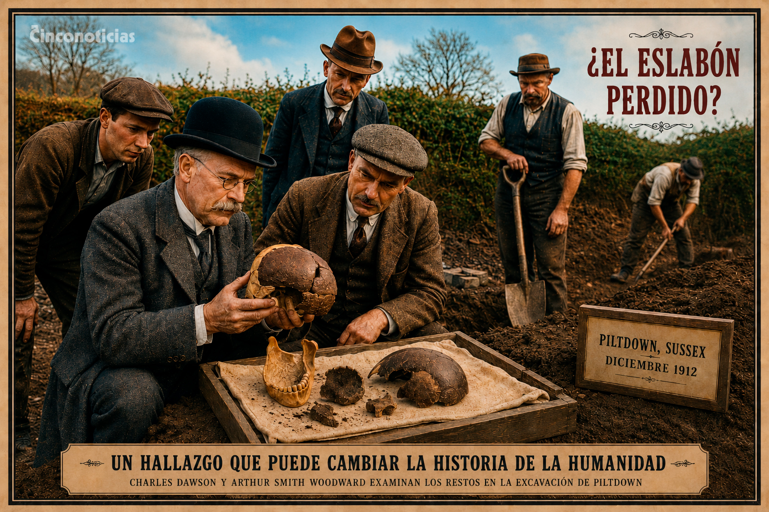 Ilustración sobre el momento en que los restos del Hombre de Piltdown son examinados en la excavación de Sussex