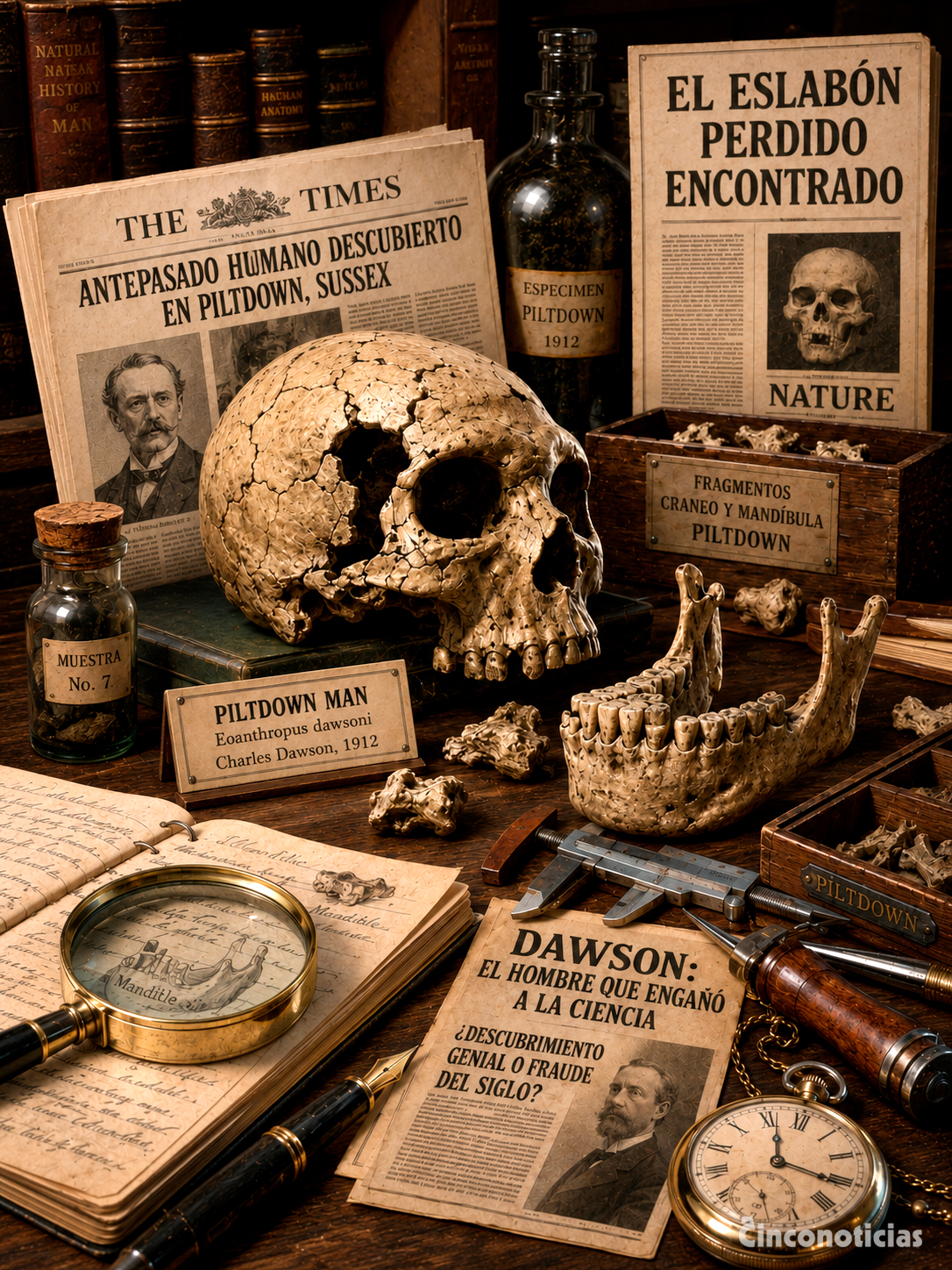 Ilustración sobre una mesa de investigación dedicada al Hombre de Piltdown