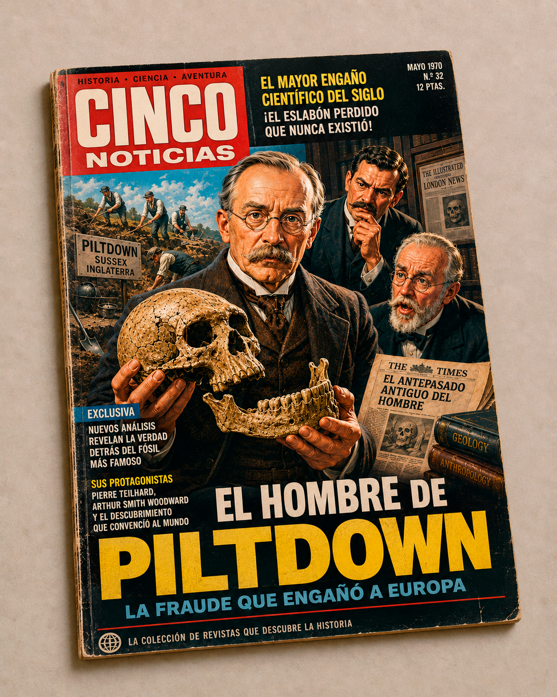 Portada de revista pulp inspirada en el caso del Hombre de Piltdown