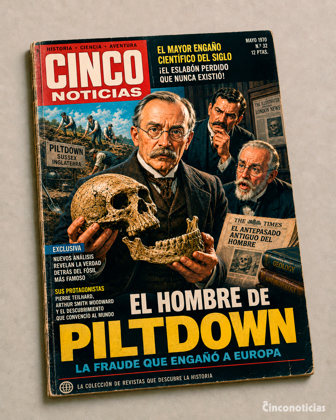 Portada de revista pulp inspirada en el caso del Hombre de Piltdown de 1912