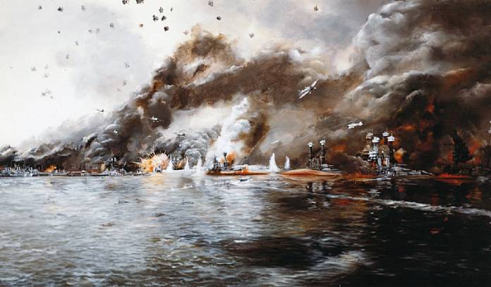 Imperio de Japón. Fila de acorazados en llamas (1941). Obra de John Hamilton. Cortesía de la Galería de Arte de la Marina de los Estados Unidos.
