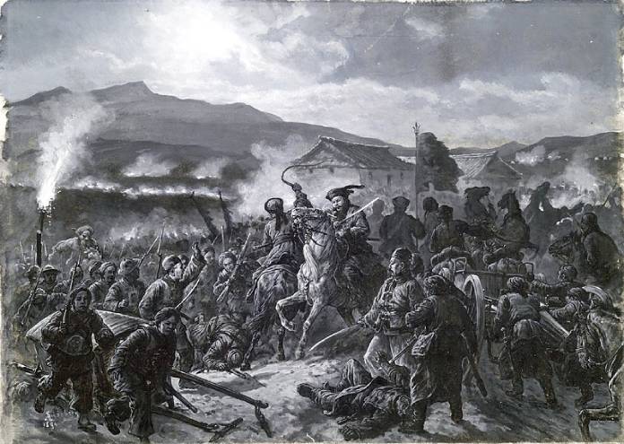 Imperio del Japón. Batalla de Ping Yang. 1894. La ruta del ejército chino. Autor: Shonberg.