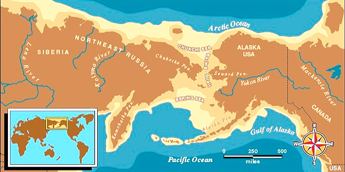 Mapa que muestra la zona de Bering cubierta por tierra, uniendo Rusia con Alaska.