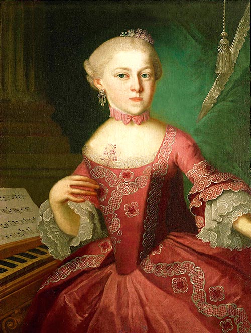 Retrato de Maria Anna Mozart de niña junto al piano