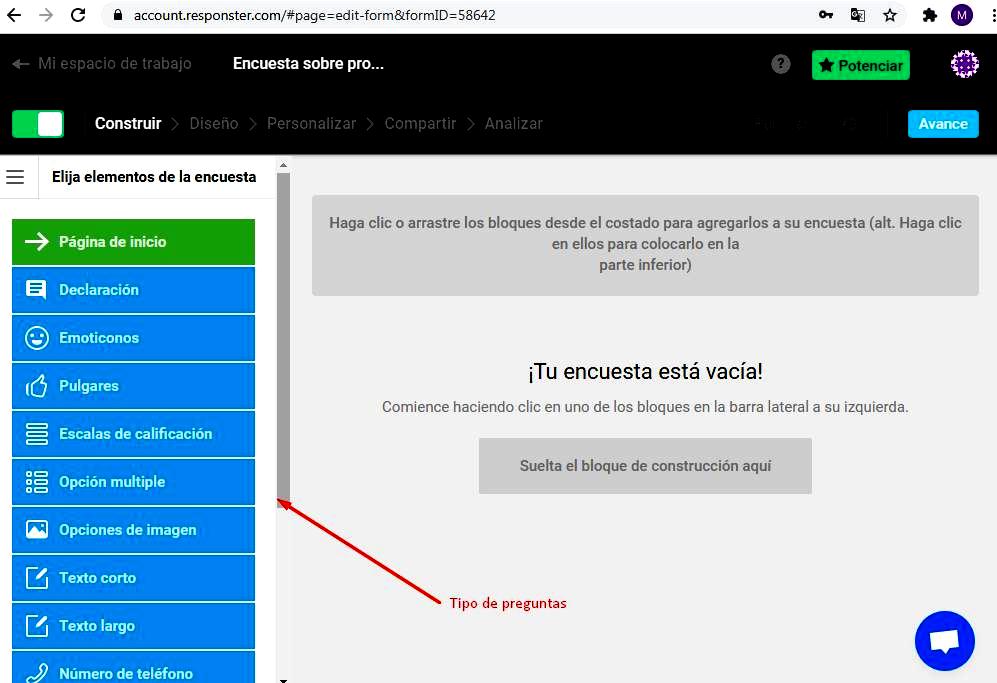 Páginas para hacer encuestas - Tipo de preguntas Responter