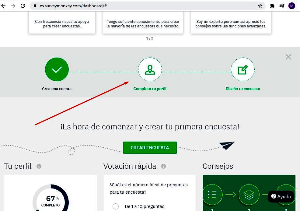 Páginas para hacer encuestas - Completar perfil SurveyMonkey