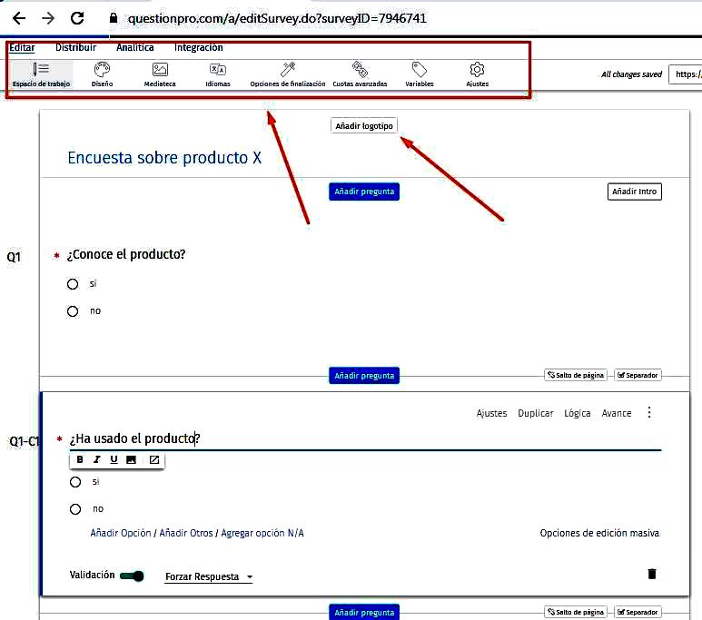 Páginas para hacer encuestas - Configuración de opciones Questionpro