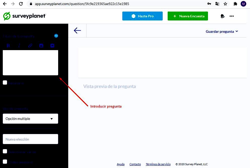 Páginas para hacer encuestas - Introducir preguntas Surveyplanet