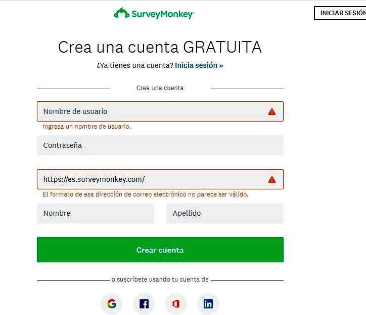 Páginas para hacer encuestas - Registrar cuenta SurveyMonkey