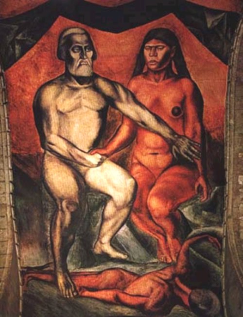 Personajes históricos mexicanos. Cortés y la Malinche. Foto # 60 del libro "Mitos y fantasías de los aztecas". Fresco de José  Clemente Orozo. 1926. Colegio San Ildefonso, México. 