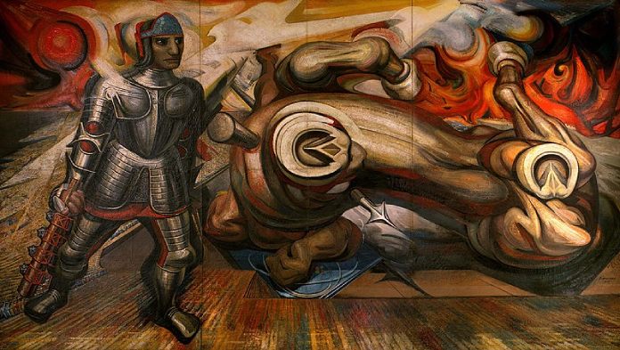 Pintores mexicanos. David Alfaro Siqueiros. Fragmento de la obra Apoteosis de Cuauhtémoc, 1951.