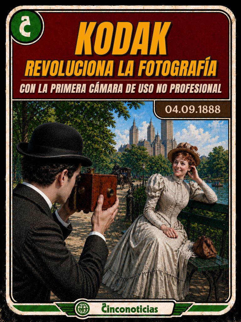 Tarjeta coleccionable Cinco Noticias "Kodak revoluciona la fotografía con la primera cámara de uso no profesional", 1888