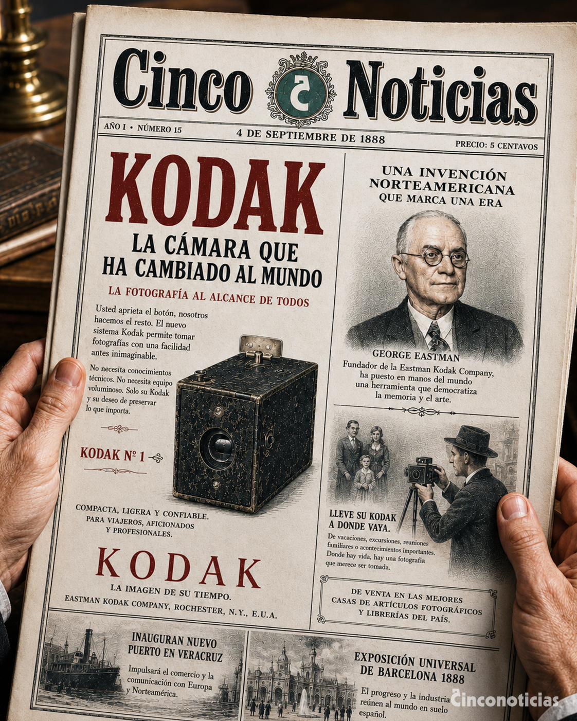 Portada de periódico inspirada en la aparición de la primera cámara de fotos de uso no profesional, patentada por Kodak y su inventor, George Eastman.