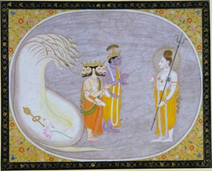 Papel de la mujer en la religión: Hinduismo. Dios Brahma junto a Vishnú y Shiva. 