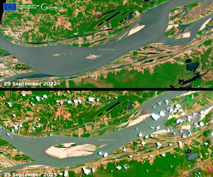 Disminución de los niveles de agua del río Amazonas en Brasil inducida por la sequía