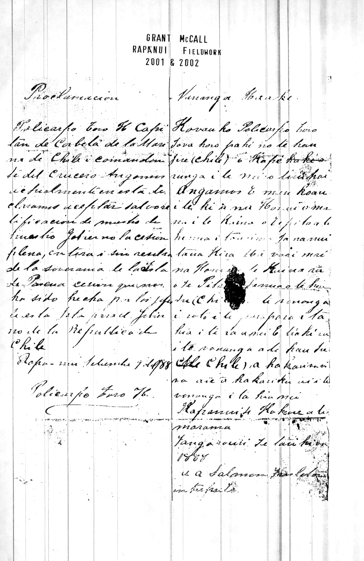 Acta de proclamación de la cesión de La Isla de Pascua a Chile, 1888.