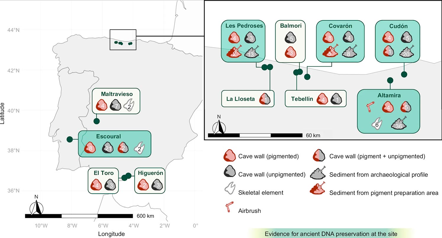 Mapa de yacimientos y tipos de material analizados en el estudio