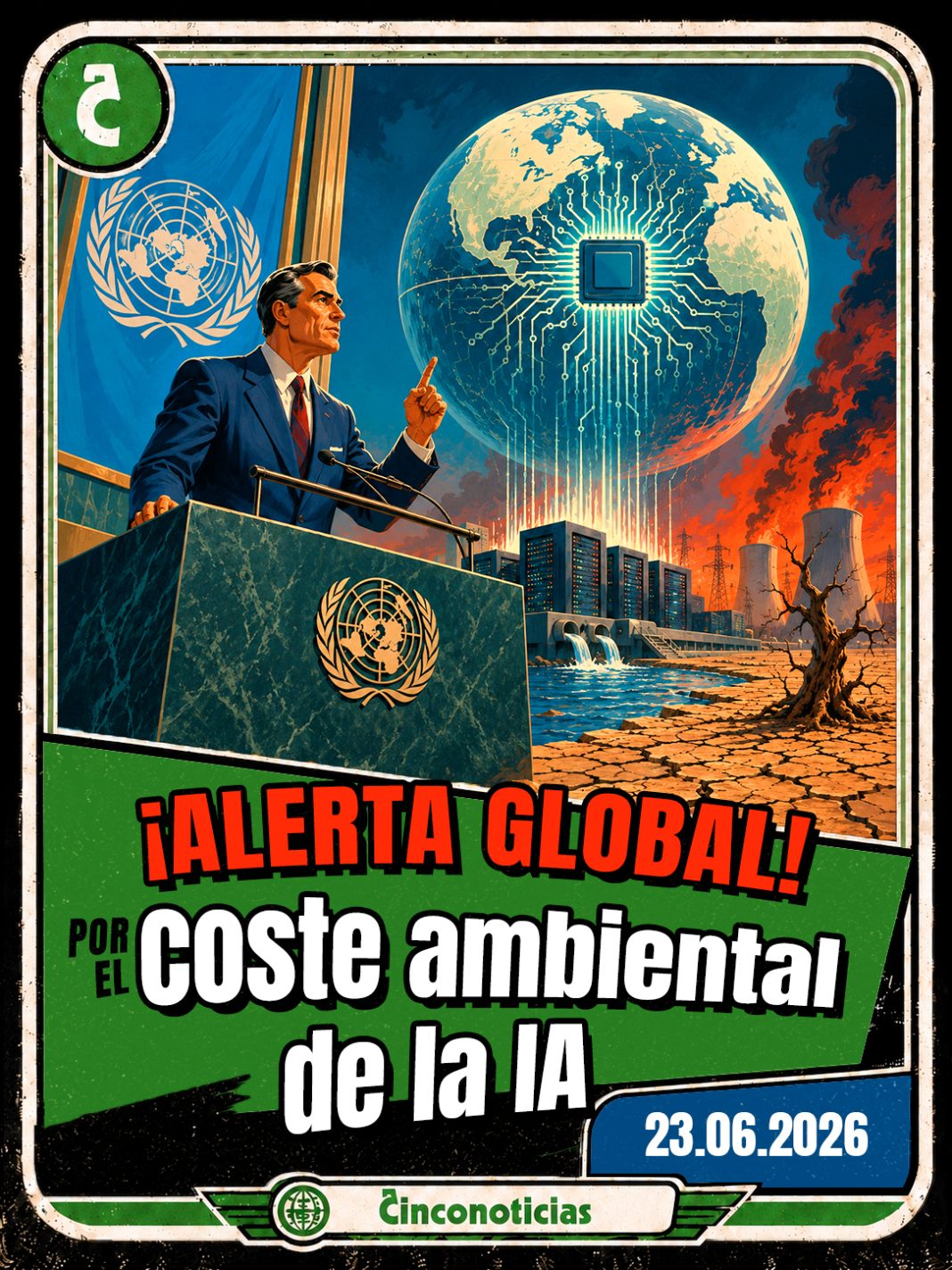 Tarjeta coleccionable Cinconoticias — Alerta global sobre el coste ambiental de la IA, 2026 Tarjeta coleccionable Cinconoticias "Alerta global por el coste ambiental de la IA"