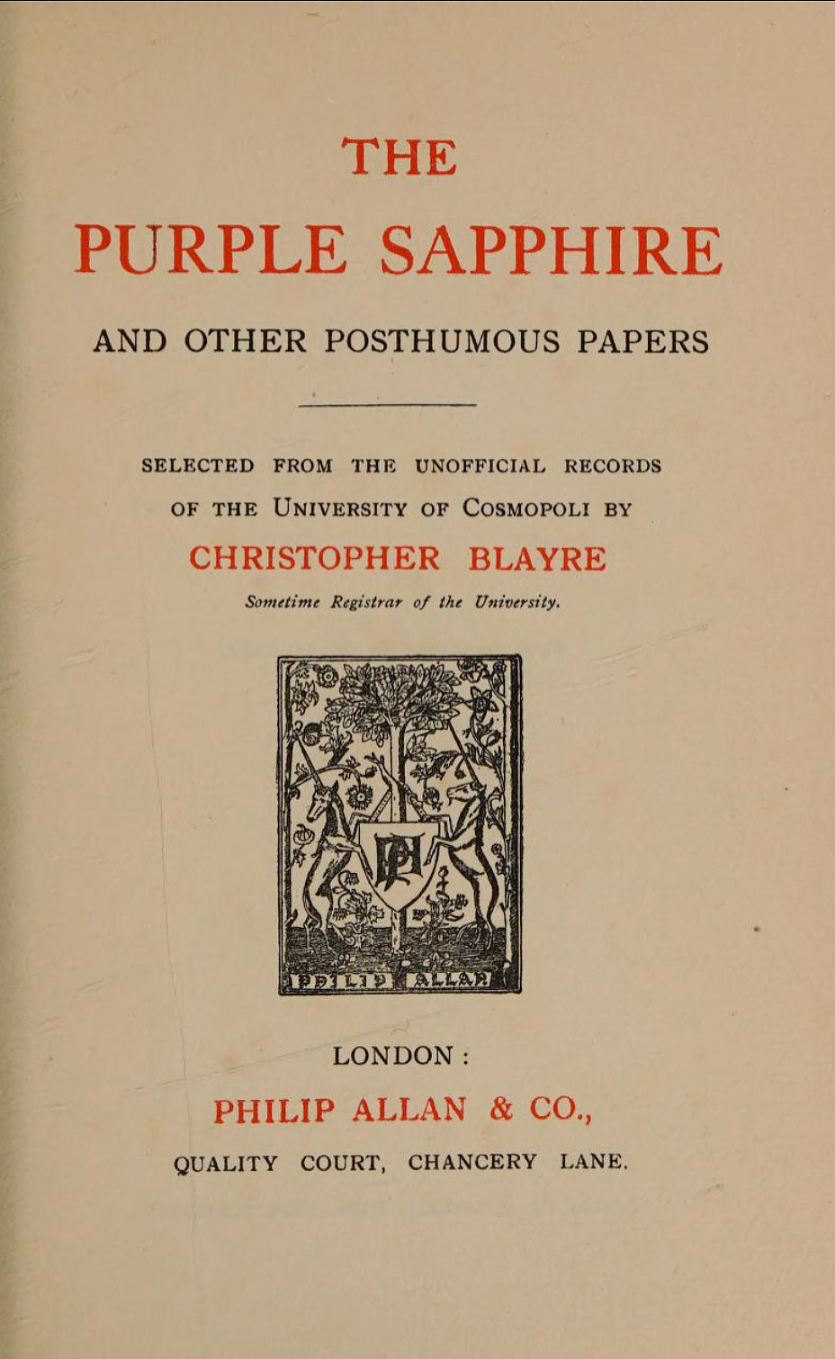Portada de "The Purple Sapphire and Other Posthumois Papers" publicado por Heron-Allen en 1921