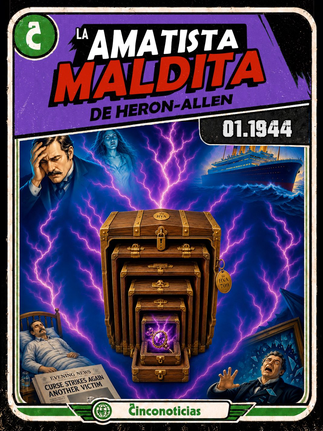 Tarjeta coleccionable Cinconoticias — La amatista maldita de Heron-Allen, 1944 Tarjeta coleccionable Cinconoticias "La amatista maldita de Heron-Allen"