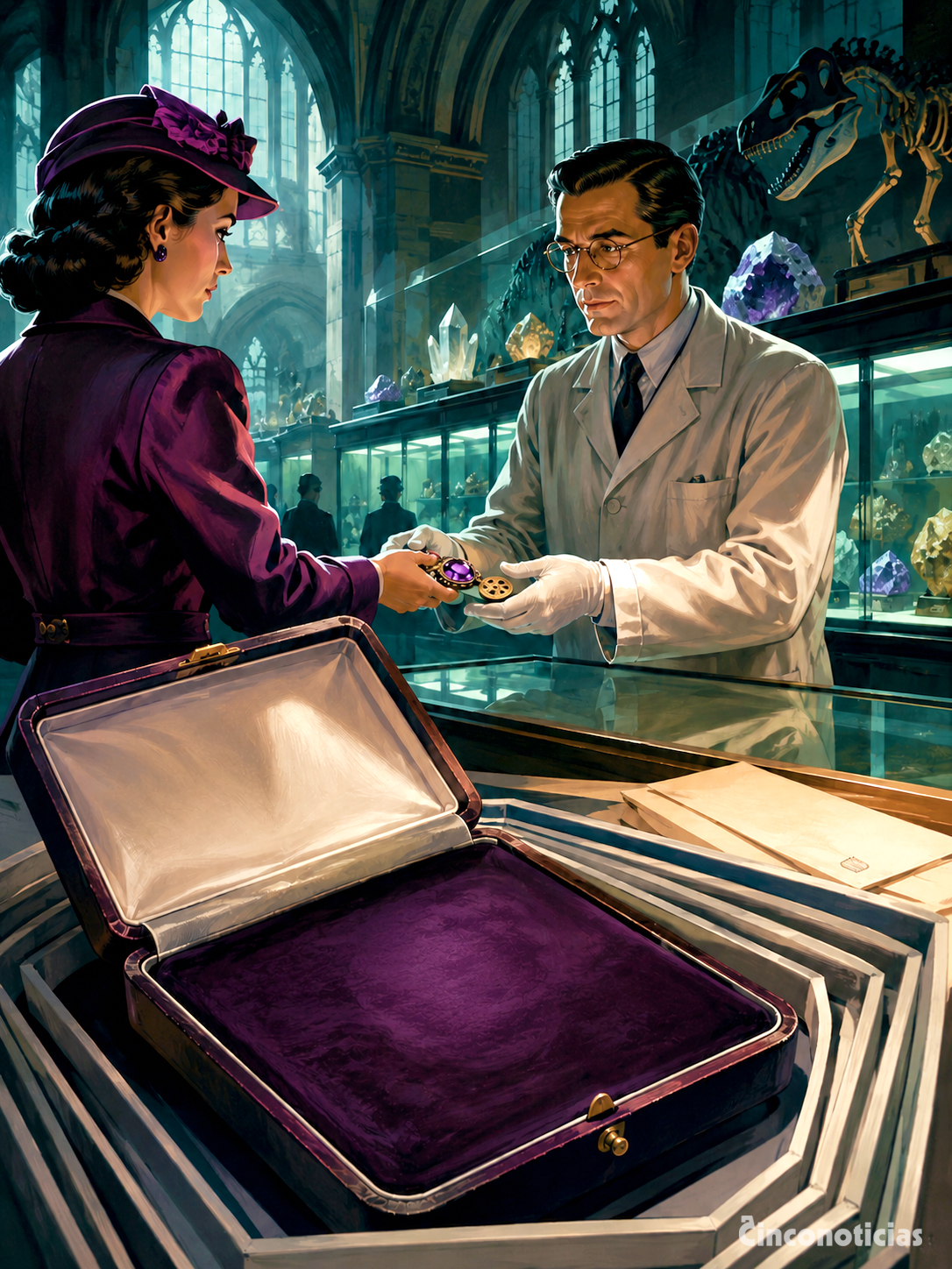 Ilustración de la hija de Edward Heron-Allen entregando la llamada “Delhi Purple Sapphire” al Natural History Museum de Londres.