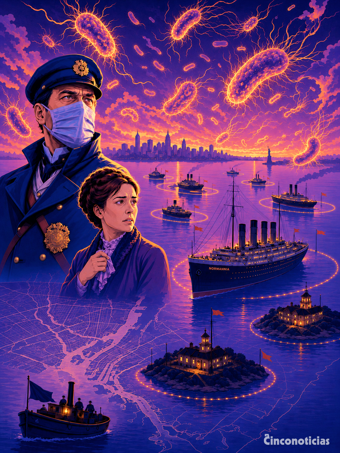 Ilustración sobre la cuarentena marítima en la bahía de Nueva York durante el brote de cólera de 1892