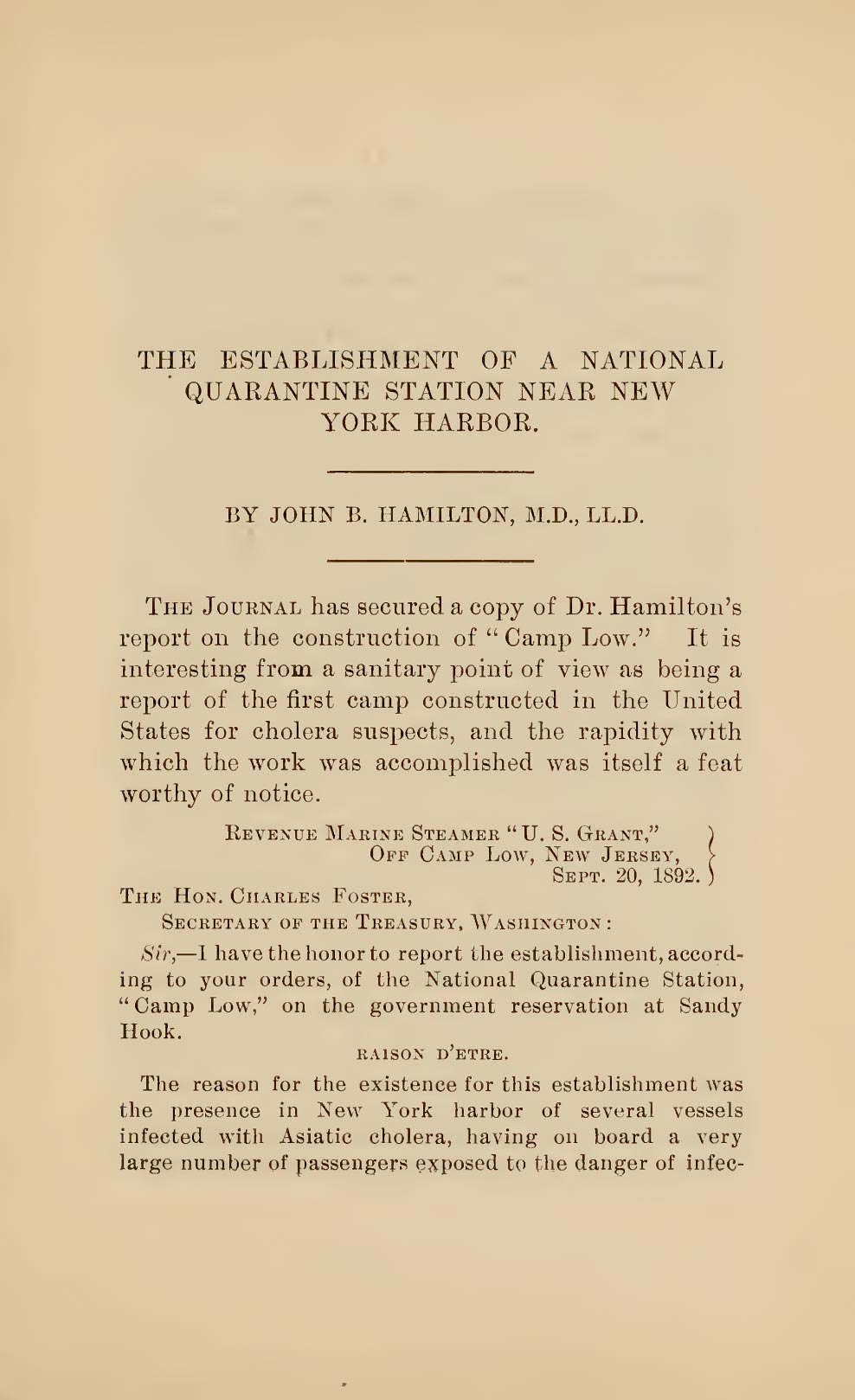 Portada del documento "The establishment of a national quarantine station near New York Harbor", 1892.