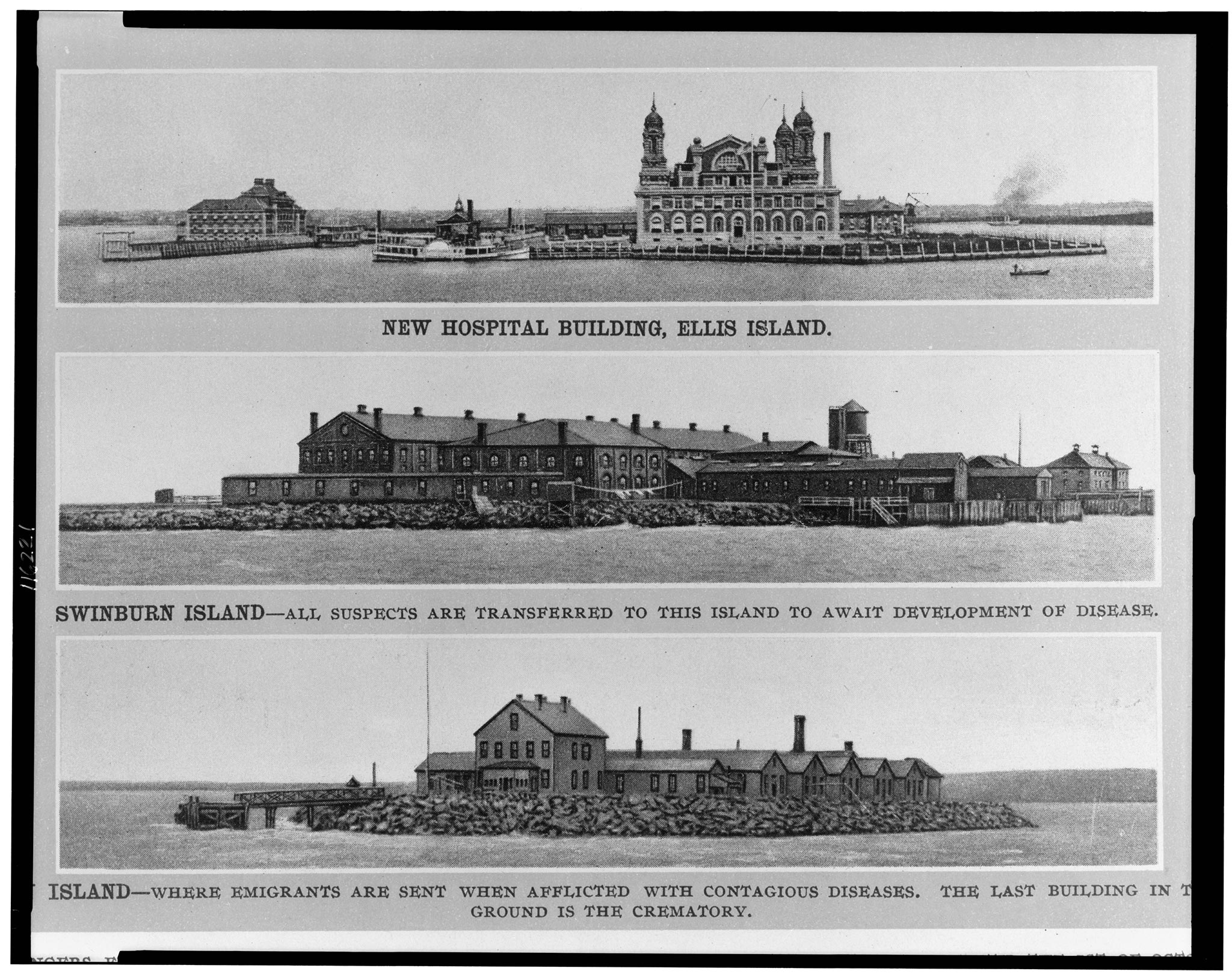 El nuevo edificio hospitalario de Ellis Island y los edificios de cuarentena en Swinburn Island y Hoffman Island.