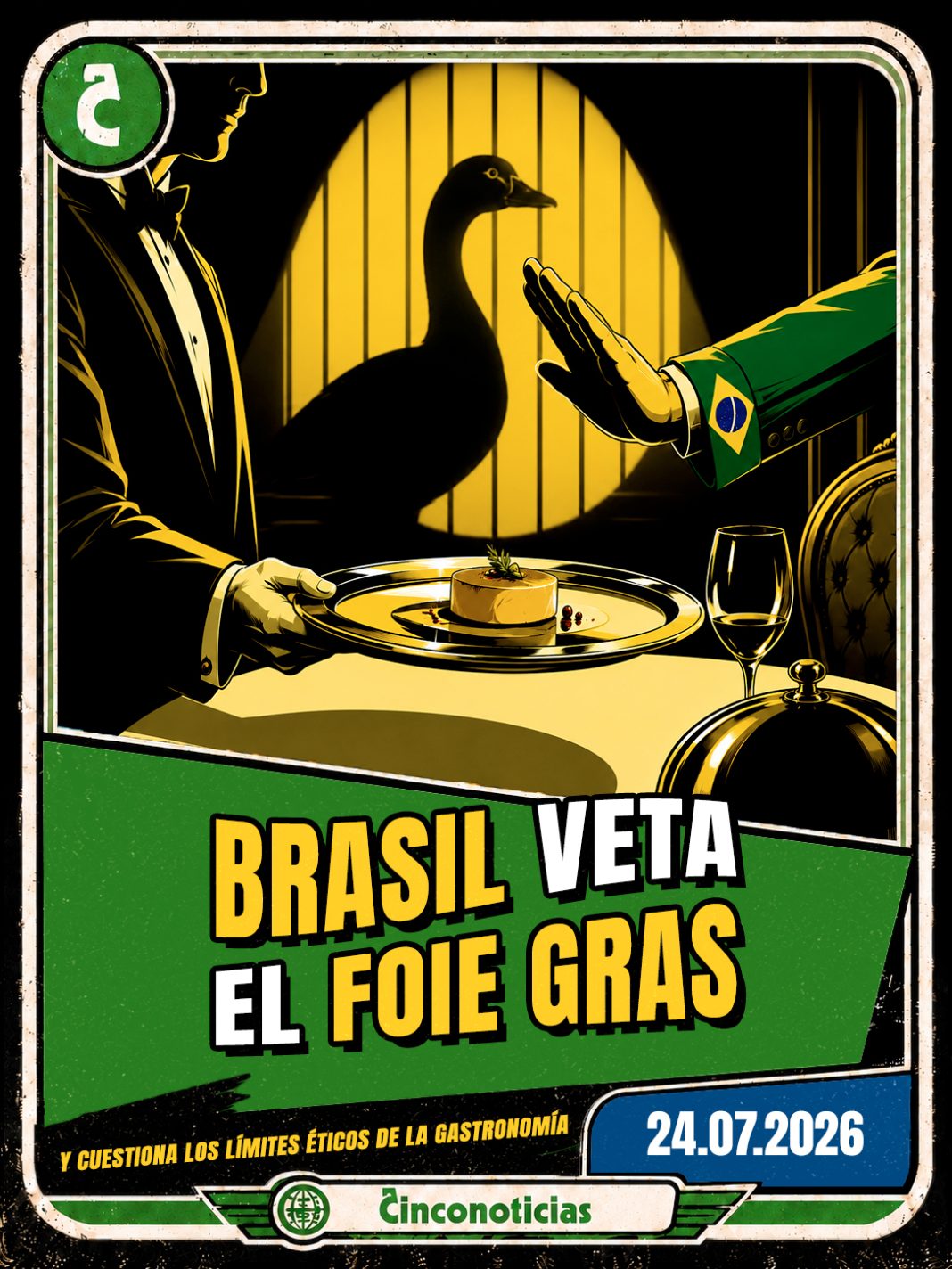 Tarjeta coleccionable Cinconoticias "Brasil veta el foie gras y cuestiona los límites éticos de la gastronomía"