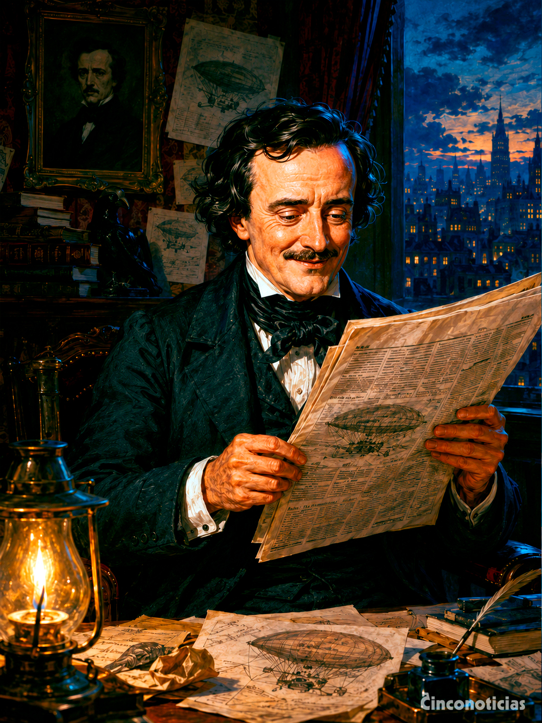 Ilustración que representa a Edgar Allan Poe leyendo el Extra! de The Sun donde se publicaba la noticia falsa del globo que cruzó el Atlántico que él mismo había inventado, 1844