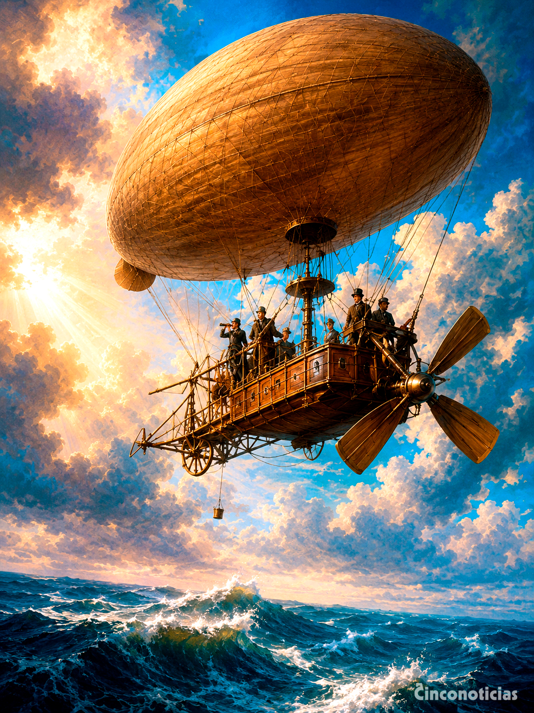 Ilustración sobre el supuesto viaje transatlántico del globo dirigible Victoria, descrito por Edgar Allan Poe en el bulo publicado por The Sun el 13 de abril de 1844