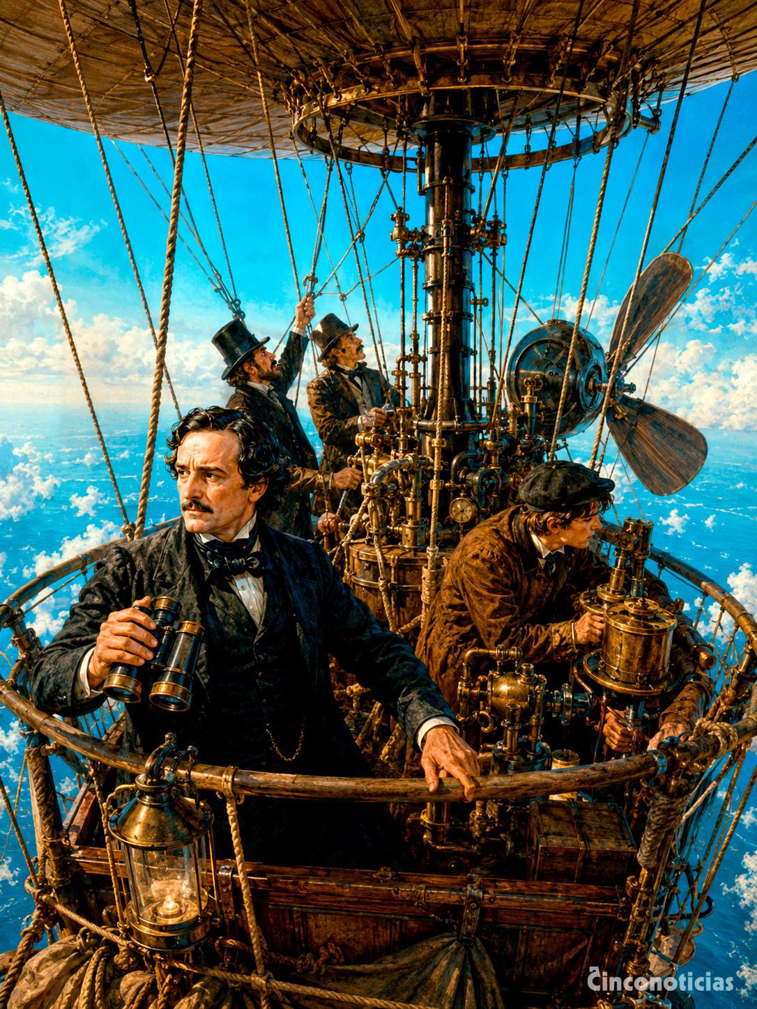 Ilustración sobre la tripulación ficticia del globo dirigible Victoria, incluyendo al propio Edgar Allan Poe, durante el viaje transatlántico del llamado Balloon-Hoax de 1844.