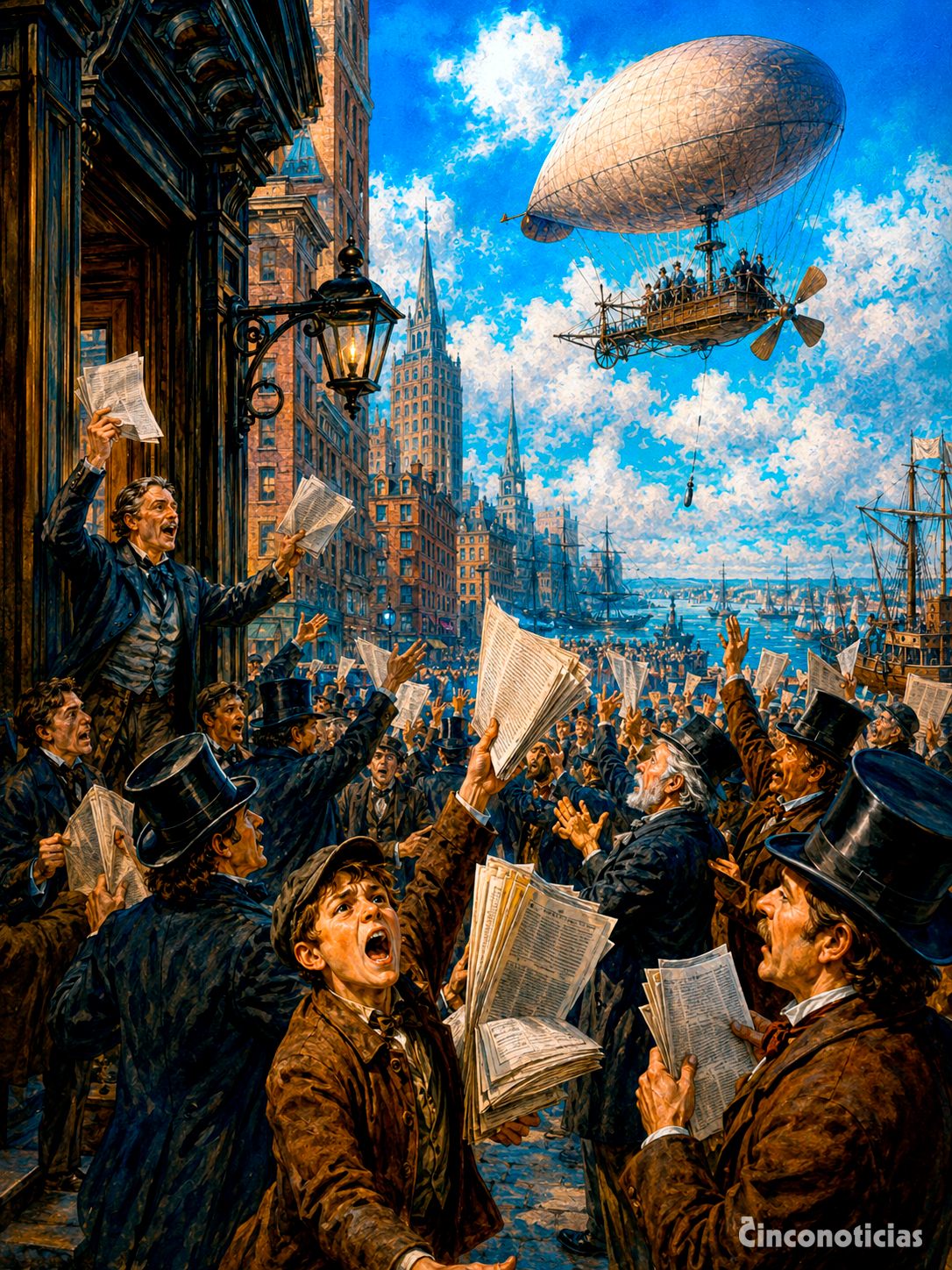 Ilustración sobre la expectación popular generada por el falso cruce transatlántico del globo Victoria, publicado por The Sun el 13 de abril de 1844