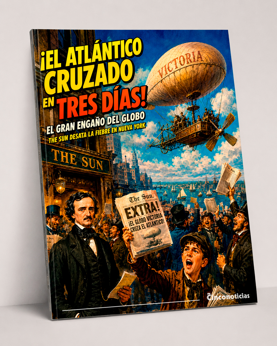 Portada de revista pulp inspirada en el “Balloon-Hoax” (bulo del globo) generado por Edgar Allan Poe en 1844. — Cinco Noticias (CN-NT).