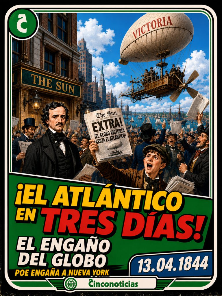Tarjeta coleccionable Cinco Noticias "El engaño del globo" de 1844