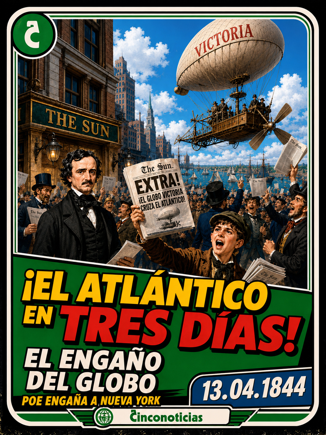 Tarjeta coleccionable Cinco Noticias "El engaño del globo" de 1844