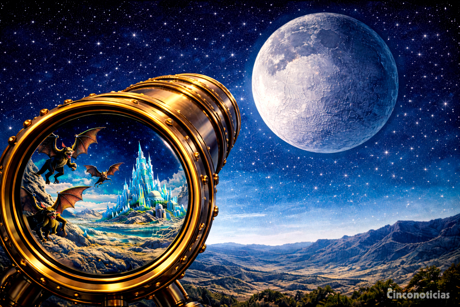 Ilustración sobre las falsas visiones atribuidas al telescopio de John Herschel en el Gran Bulo Lunar de 1835, con criaturas aladas y construcciones fantásticas en la superficie lunar.