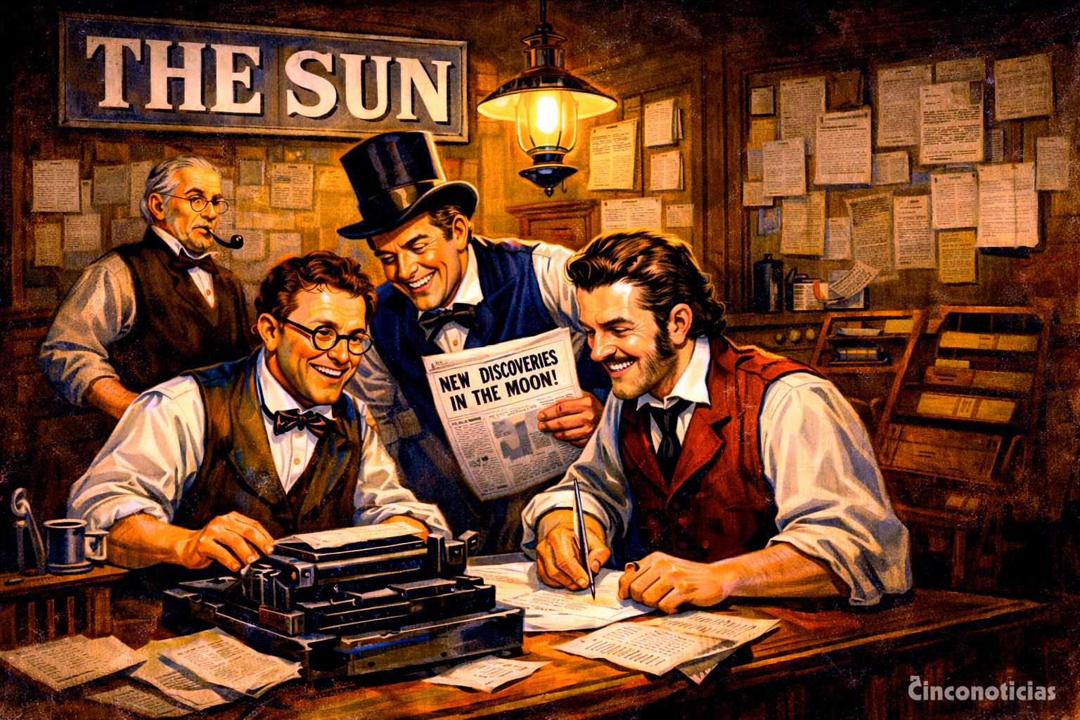 Ilustración sobre la redacción de The Sun durante la publicación del Gran Bulo Lunar de 1835, una serie de artículos que presentaba como descubrimientos científicos unas observaciones lunares completamente ficticias.