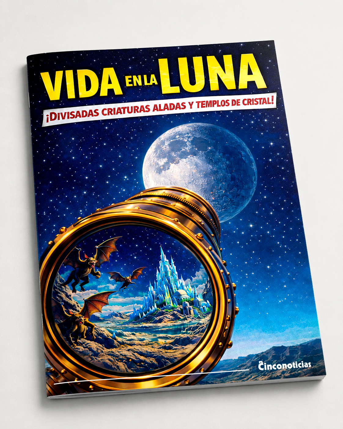 Portada de revista pulp inspirada en el gran bulo lunar de 1835, con las supuestas criaturas aladas y templos de cristal descritos en los artículos publicados por The Sun.