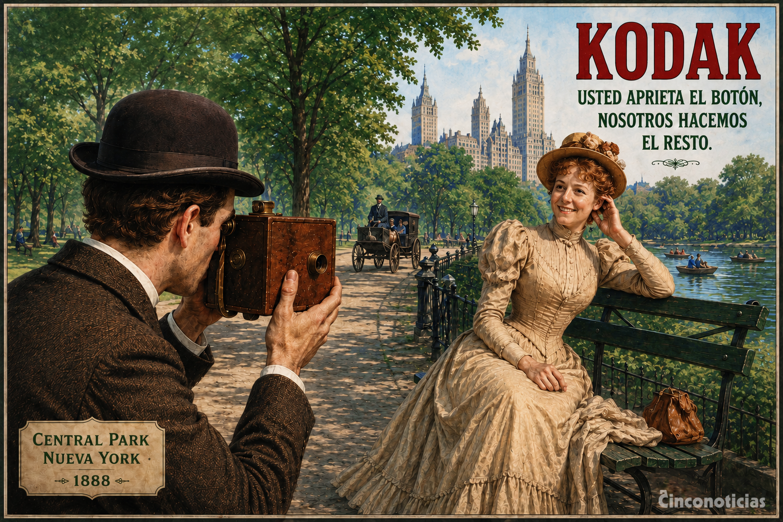 Ilustración que representa el momento en que Kodak inventa la primera cámara de fotografía no profesional, 1888
